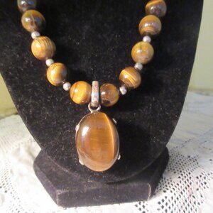 Tiger Eye Beaded  Necklace with Large Tiger Eye Pendant Silver Mounts